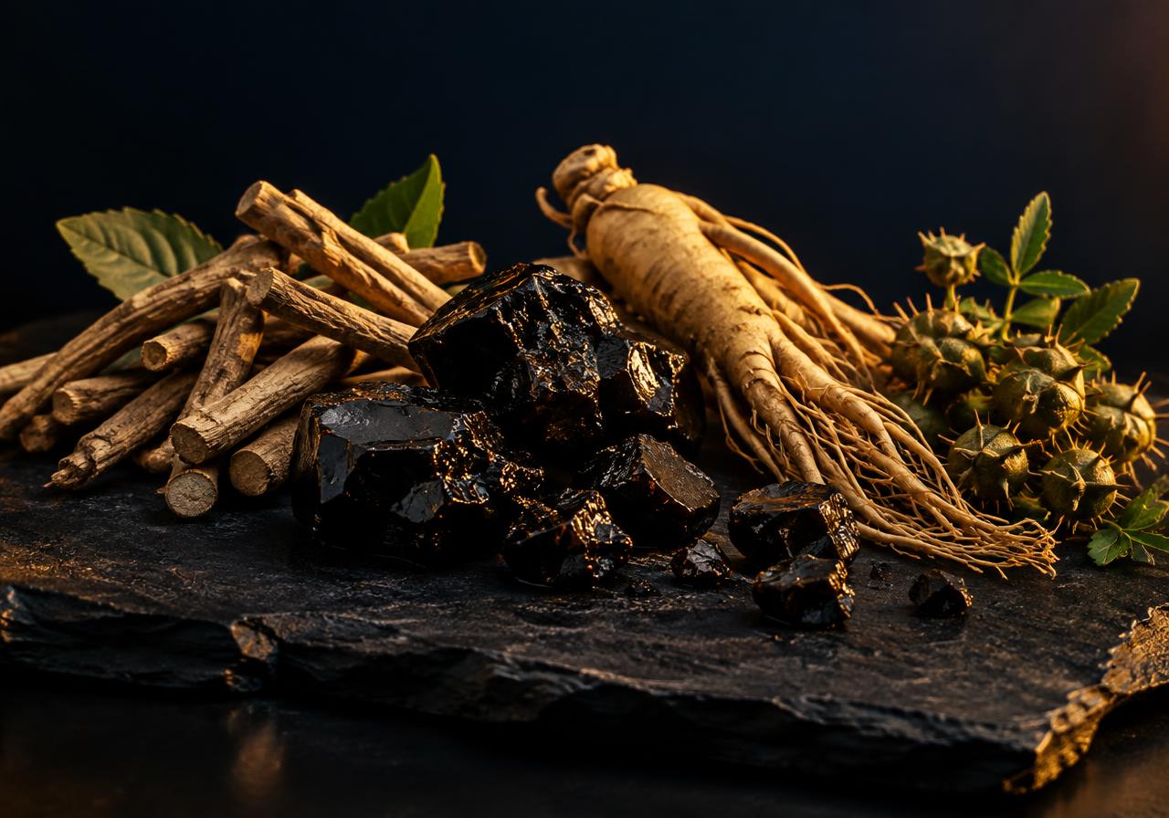 Shilajit resin, ashwagandha root, ginseng and tribulus on slate
